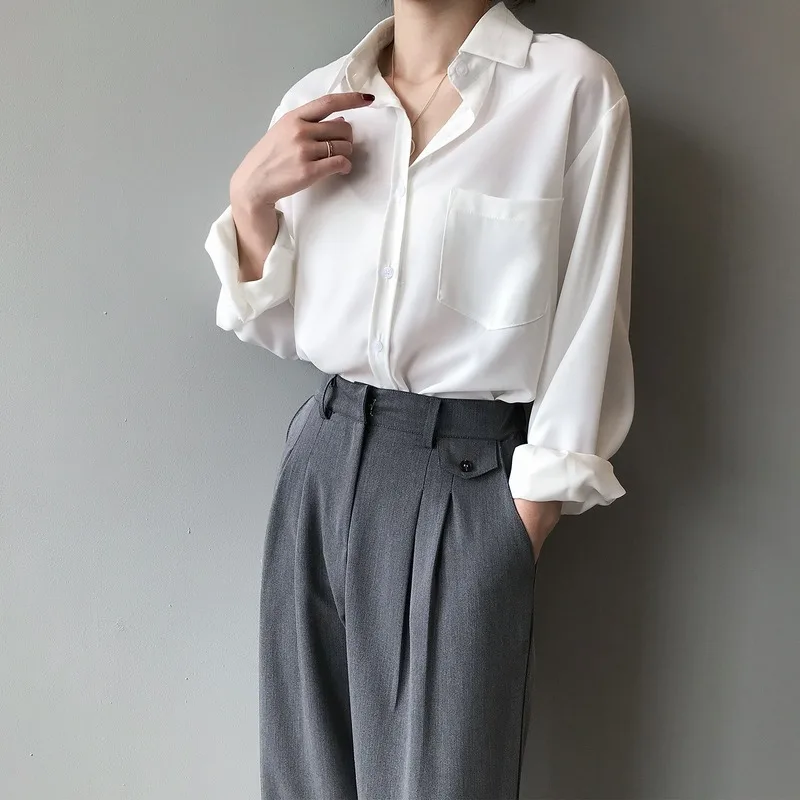 2023 Autumn Vintage Blouse Women Spring Long Sleeve Shirt Korean Style Loose Casual White Tops Solid Elegant Blusas All Match