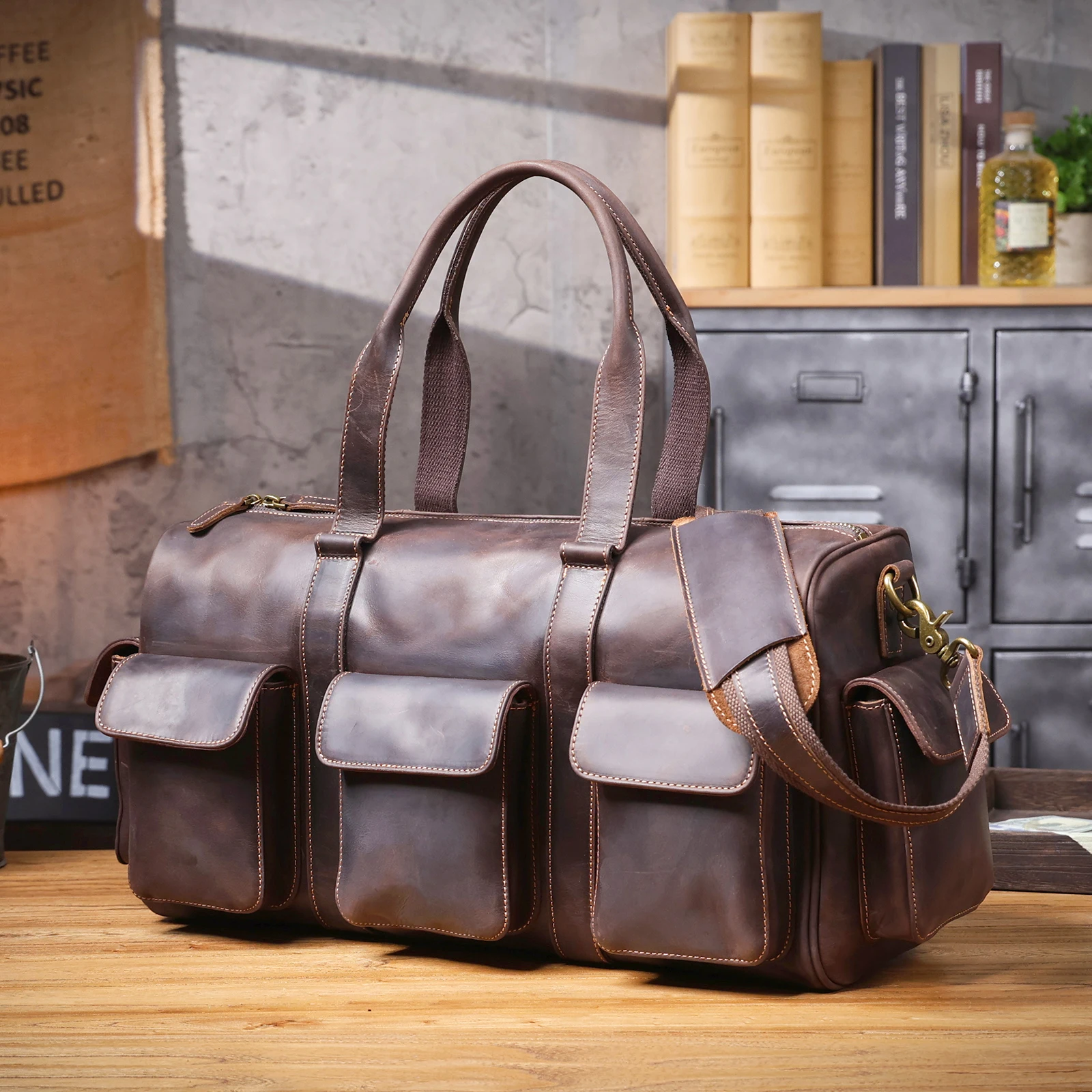 S.WORKER Große Kapazität Echtleder Vintage Rindsleder Reisetasche Weekender Herren Reisetasche Sporttasche Retro-Stil – Detail 18