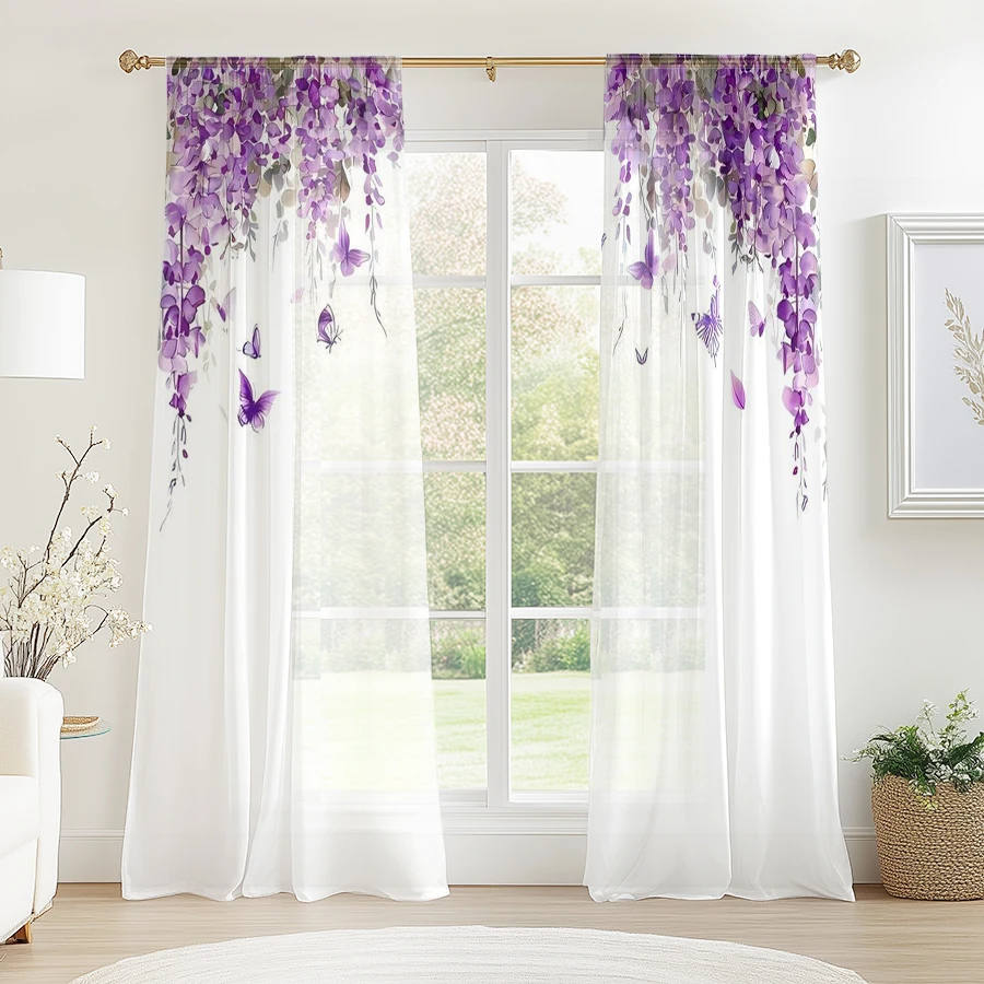 2PCS Digital Print Sheer Curtain, Purple Wisteria Hanging Floral Butterfly Window Drapes for Living Room Bedroom Home Decor