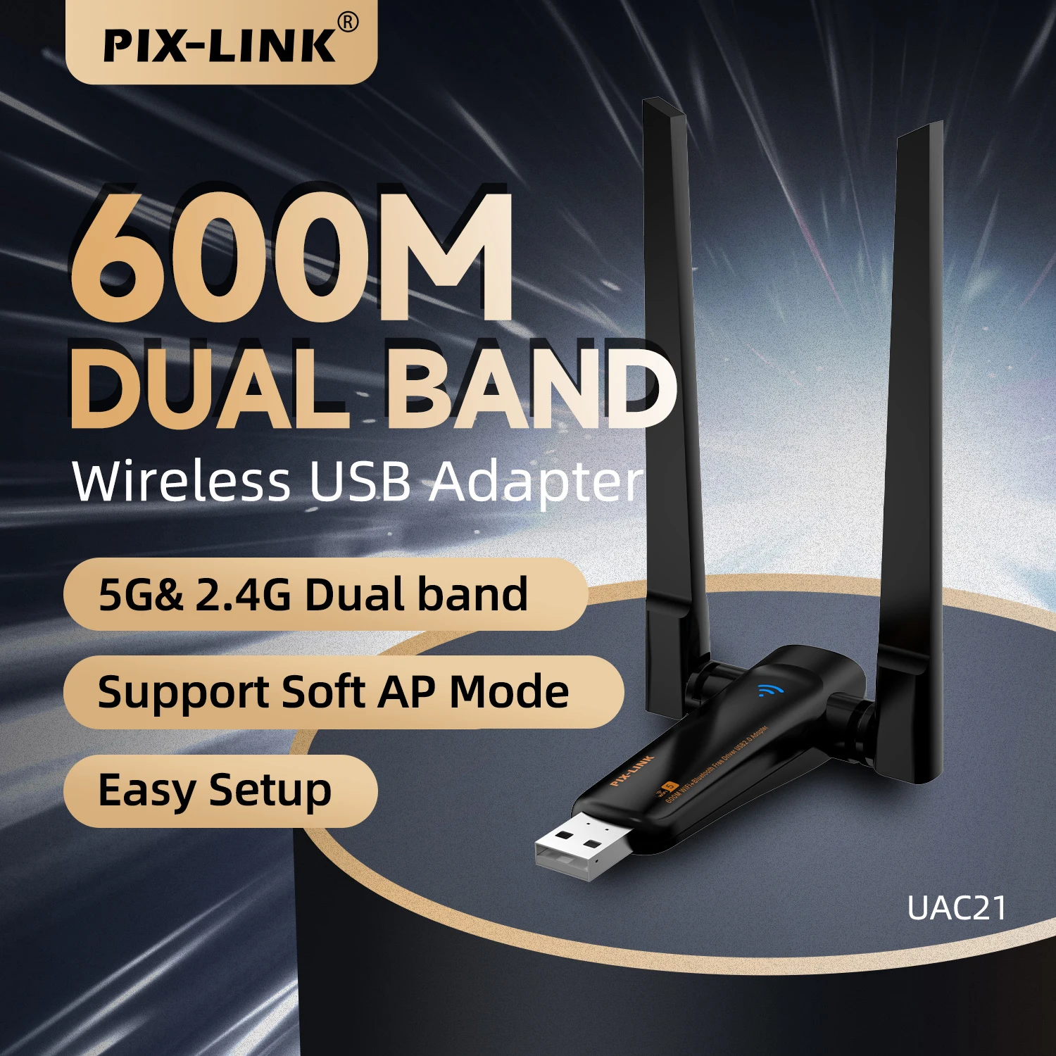 

PIX-LINK UAC21D 600 Мбит/с двухдиапазонный USB Wi-Fi адаптер 5G/2.4G, беспроводной USB-донгл, не требует драйверов, 270 ° Поворотная антенна для ноутбука