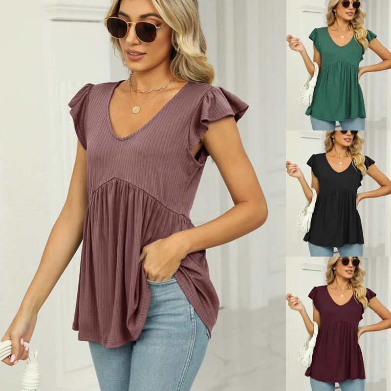 Summer Cute Babydoll Bloues Flare Tunic Loose Peplum Pleated V Neck Short Sleeve Plain Woman Tshirts Knit Rib T Shirt Tees Top