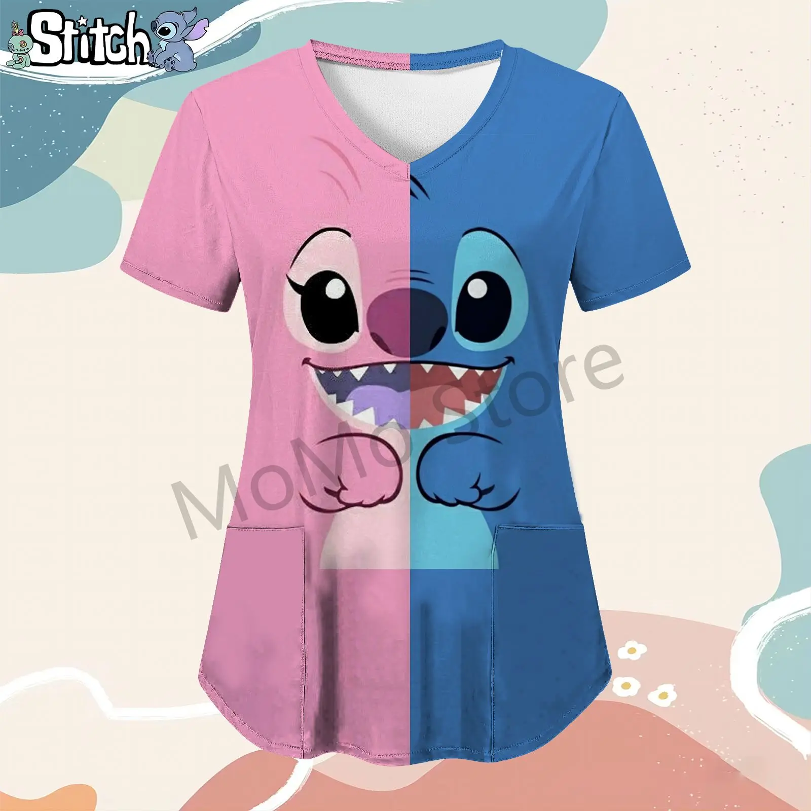 Disney  Stitch Pocket Kawaii Women's V Neck Nurse Uniform T-Shirt S-2XL Summer Street Wear Tshirts Woman Y2k Tops 2024 T-shirts