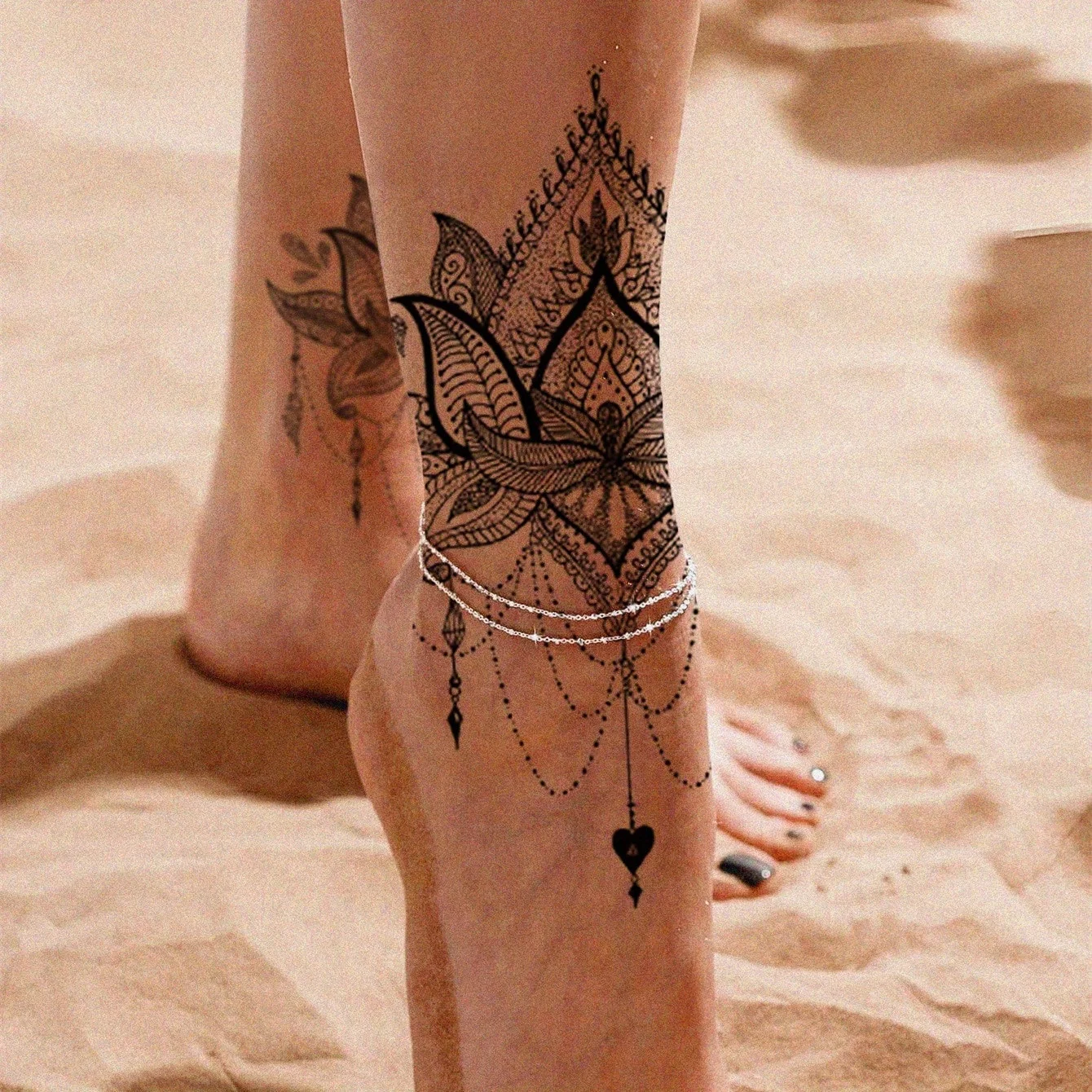 Temporary Foot Tattoos Henna Style Realistic Waterproof Anti-Sweat Tattoo Stickers Minimalist Floral Chain Printed Fake Tattoos