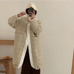 Women's Long White Duck Down Jacket, Thick Warm Coats, Knitted Hood, Patchwork Color, Lightweight, Casual, Clash