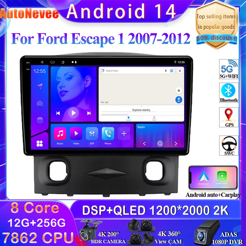 

Android 14 для Ford Escape 1 2007-2012 автомобильный Автомагнитола стерео головное устройство мультимедийный плеер GPS-навигация No 2din DVD QLED