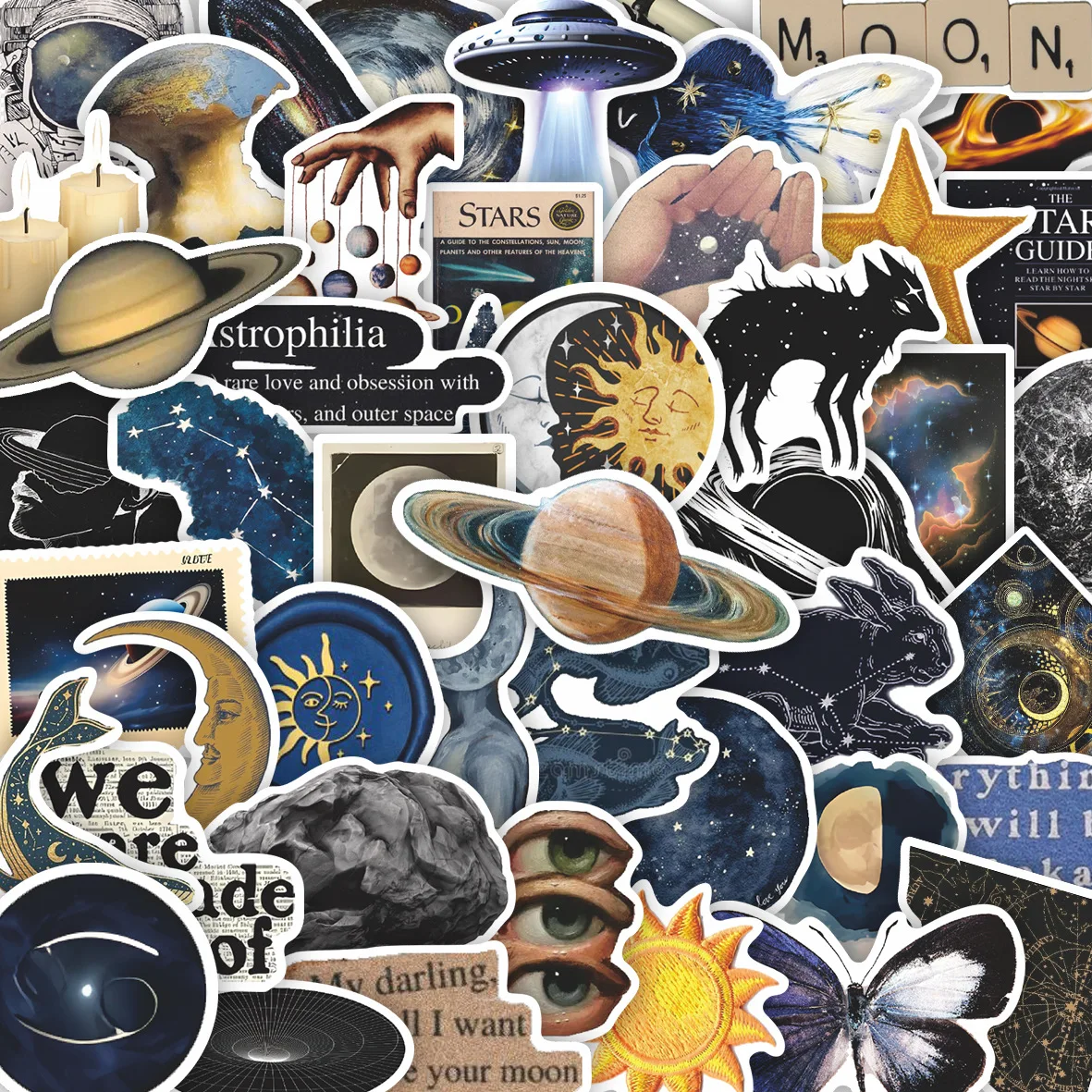 50 Pegatinas Retro de Astronomía, Universo, Planetas, Galaxia, Luna, Astrología, Calcomanías Estéticas para Maleta, Teléfono, Cuaderno