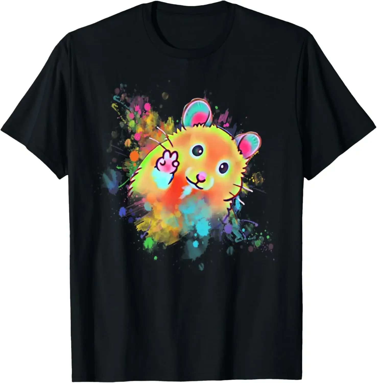 

Watercolor Splash Hamster Waving Graphic T-Shirt Soft Cotton Round Neck Casual Tee for Men Women