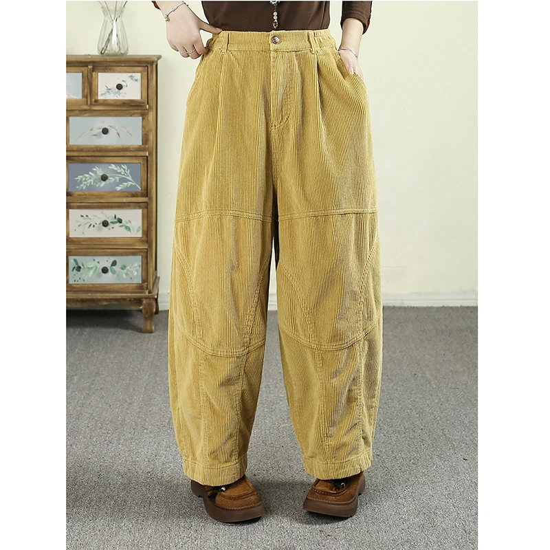 Autumn 25 New Arrival  Women All-matched Vintage Ankle-length Pants Casual Loose Cotton Corduroy Elastic Waist Harem Pants Q136