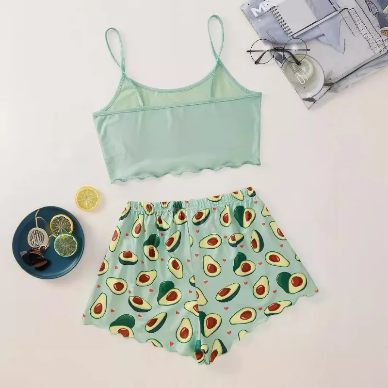 Vulgar Sleepwear Women Avocado Print Halter Top Student Pajamas Homewear Two-Piece Fancy Underwear Ladies Sexy Nightwear Set