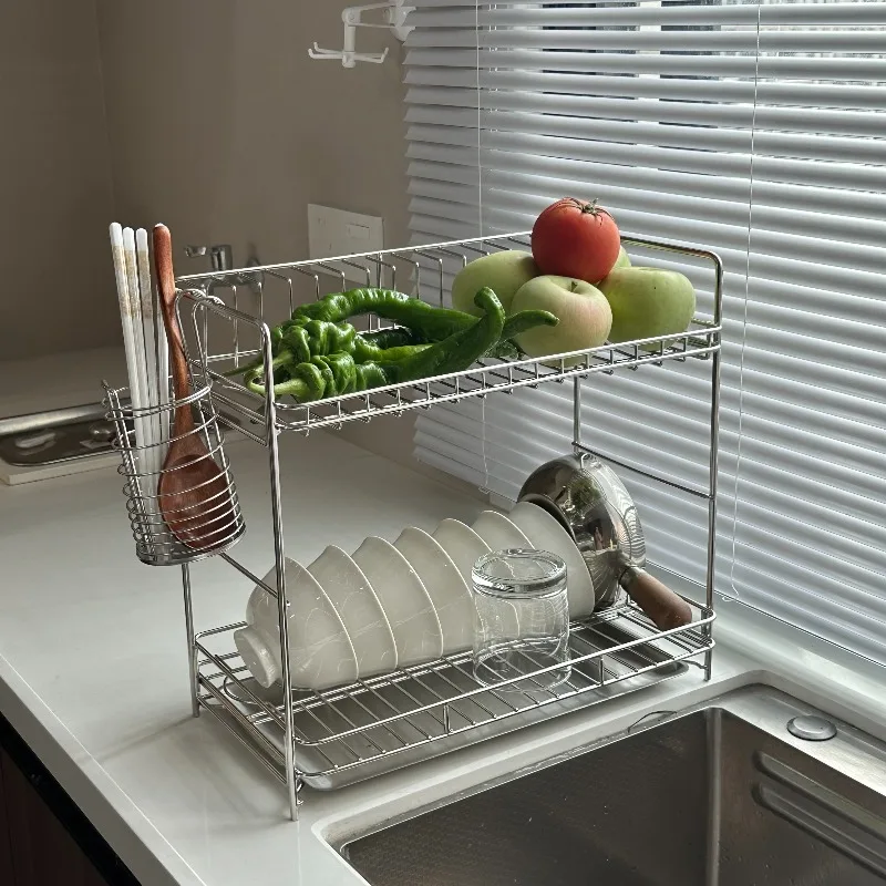 

Двухуровневая сушилка для посуды из нержавеющей стали с поддоном для слива, большой органайзер для столовых приборов и тарелок, вентилируемая подставка для хранения на столешнице