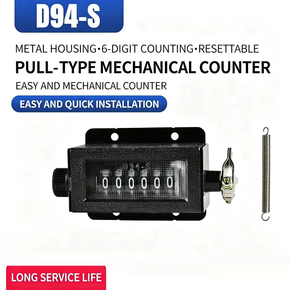 D94-S 6-Digit Mechanical Pull Tally Counter Resettable Metal Stroke Counter w/ Spring For Punch Textile Printing Machinery