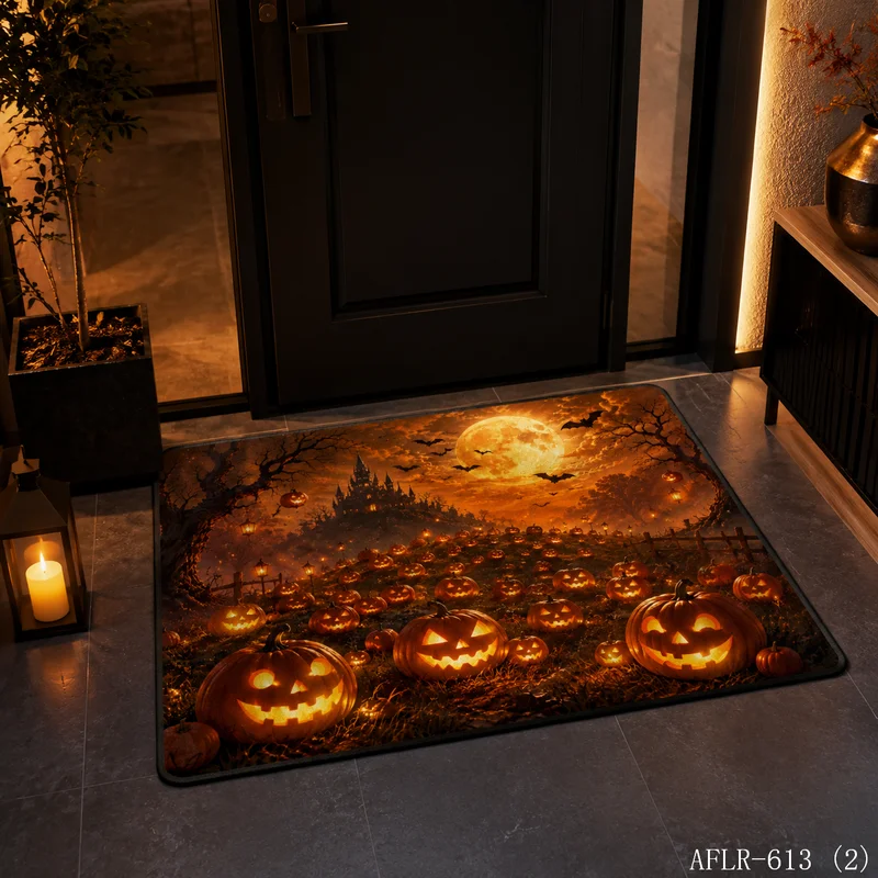 Spine-Tingling Pumpkin Lantern Mat, Easy Clean Welcome Rug, Scary Halloween Entrance Carpet, Outdoor Indoor Decor, Home Decor