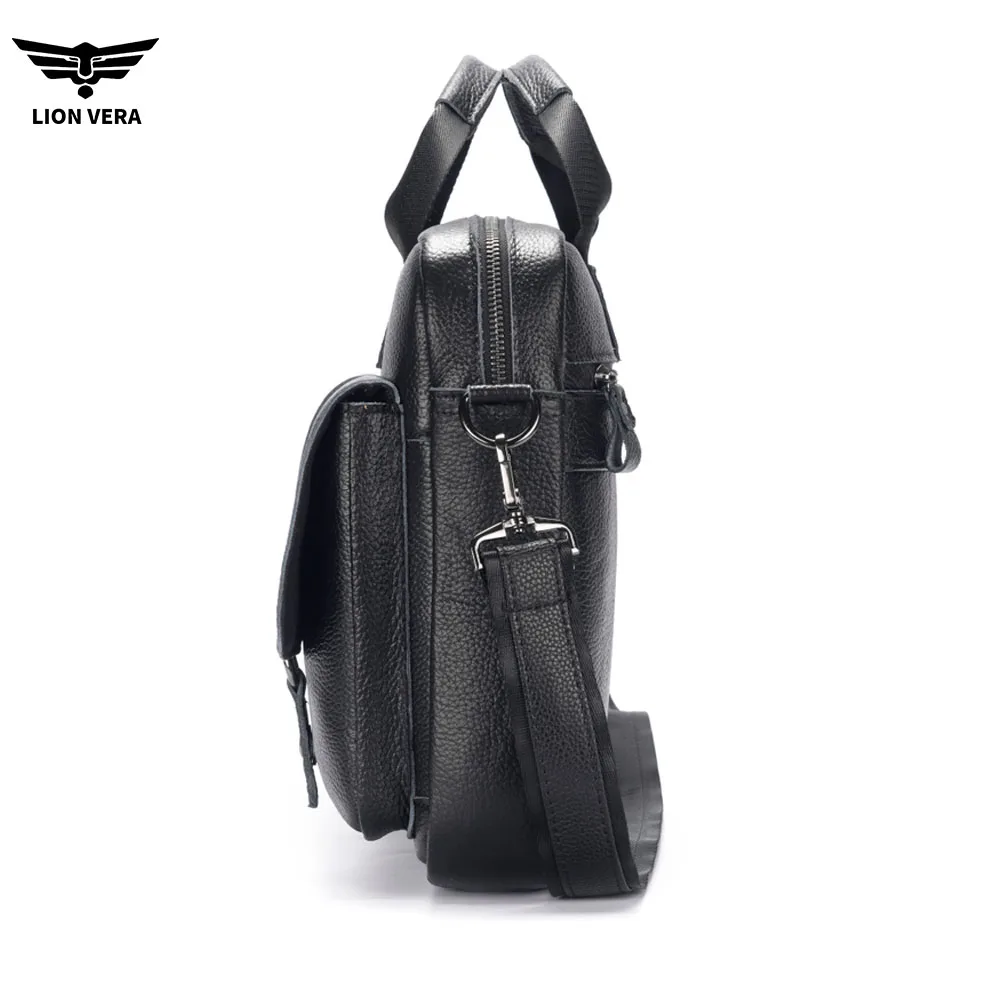LION VERA Bolsa masculina de couro genuíno, bolsa de negócios casual para viagens, bolsa portátil de ombro transversal, bolsa para laptop de 15,7 polegadas