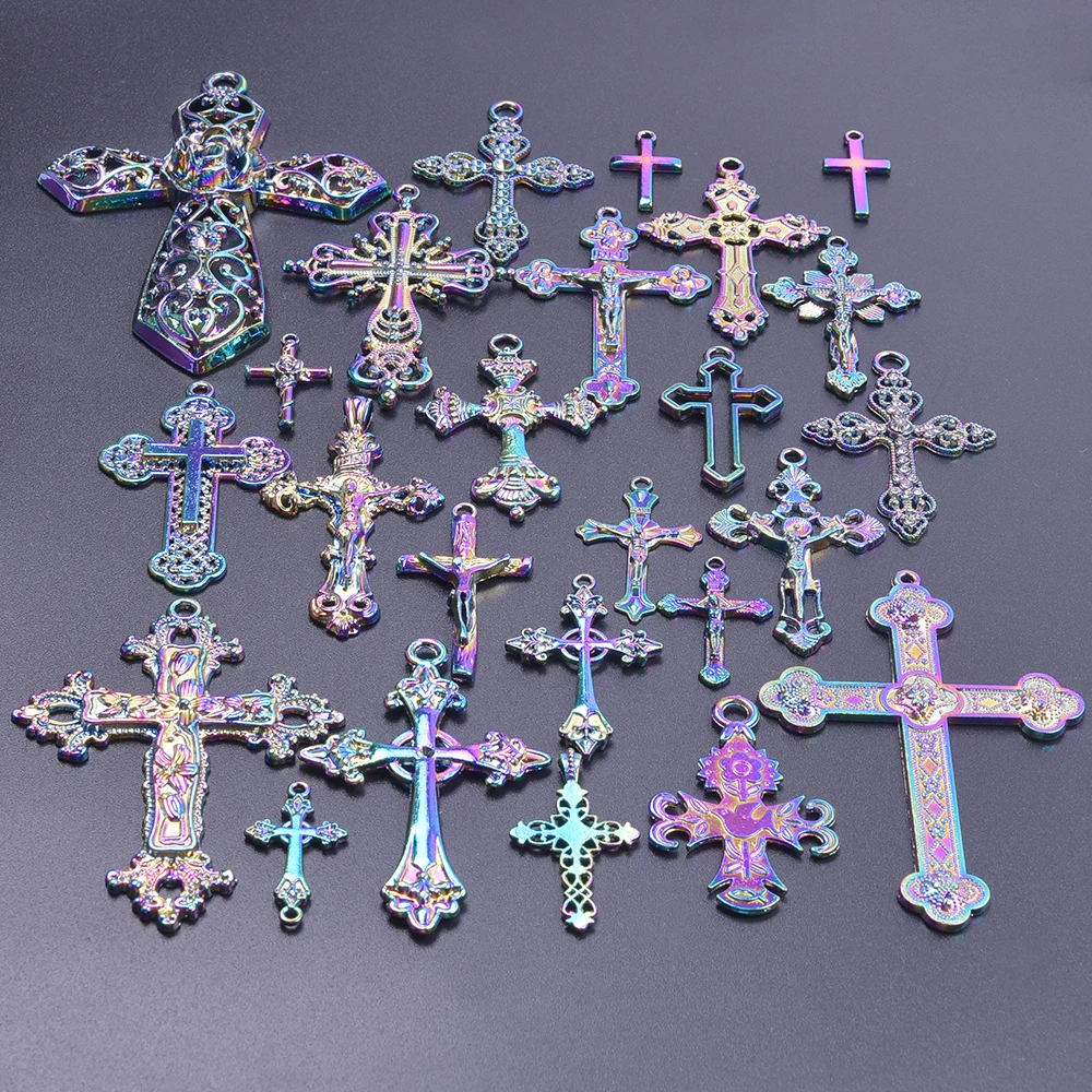 10pcs/lot Rainbow Color Crosses Alloy Charm Pendant Accessories diy Jewelry Making Necklace Supplies Crafts Bulk cruz colgante