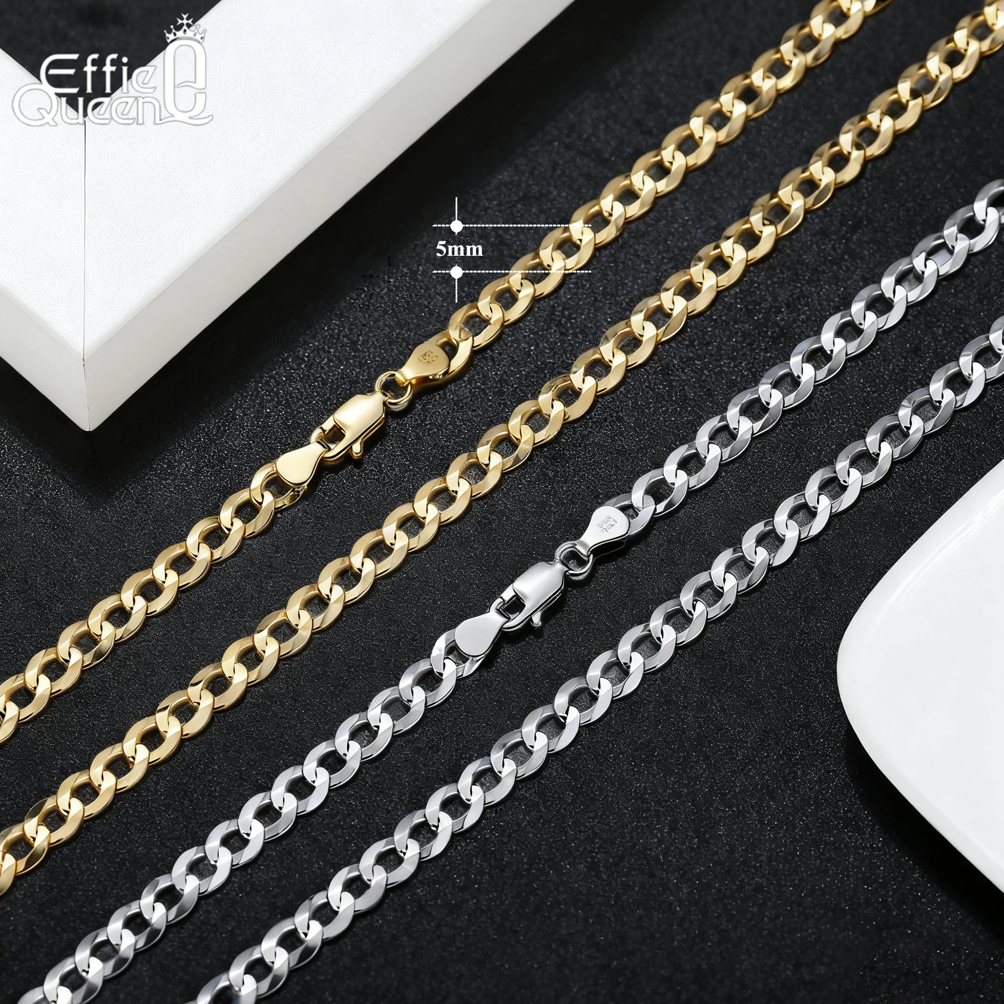 

Ожерелье-чокер Effie Queen из серебра 925 пробы, золото 14 карат, 3-5 мм, кубинская цепочка, шикарные украшения для мужчин, женщин, идеальный подарок, SC60