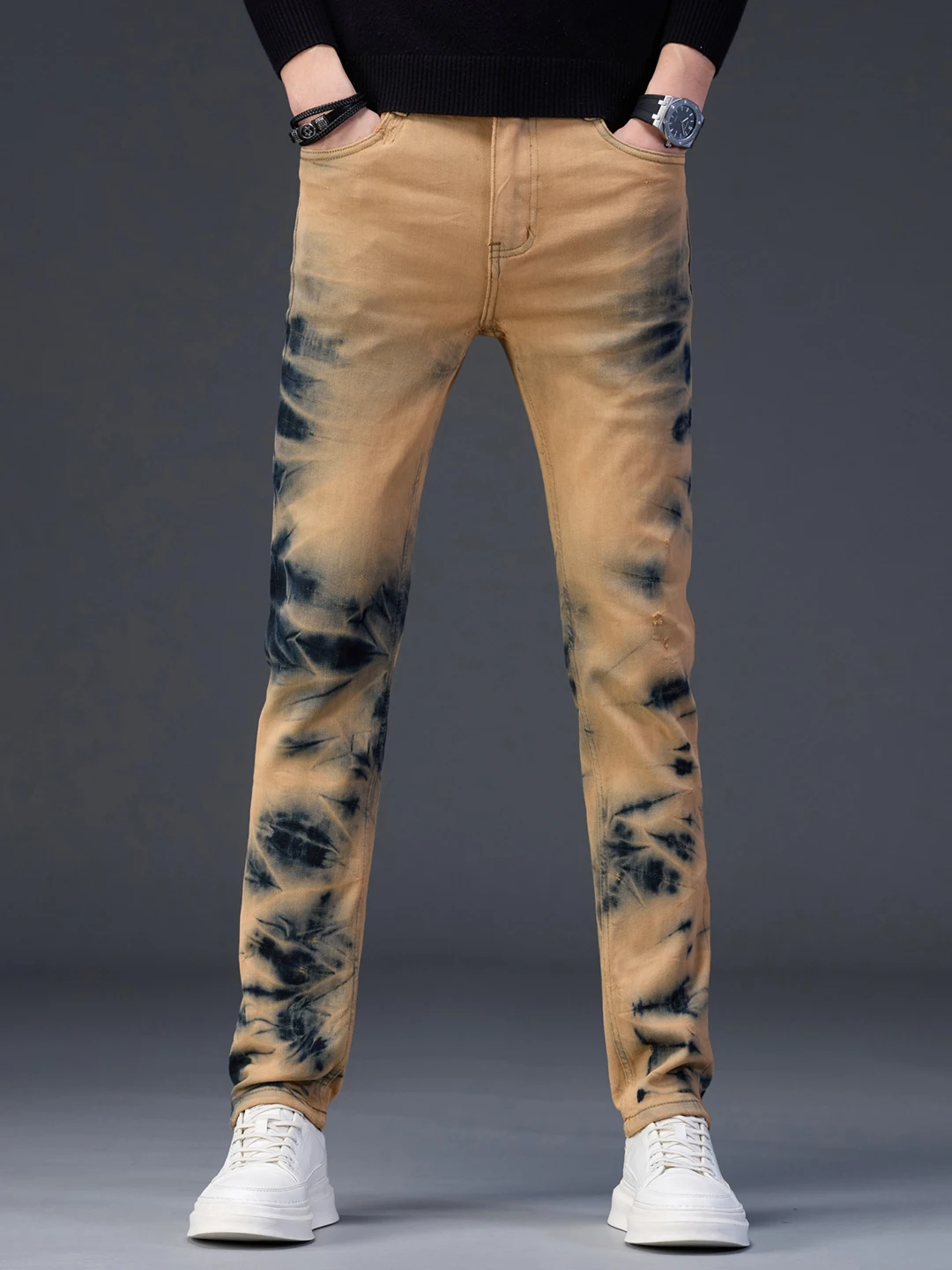 

Мужские винтажные джинсы премиум-класса с эффектом тай-дай, зауженного кроя, со средней посадкой, из эластичного хлопкового денима, зимние, износостойкие, повседневные, модные, брендовые