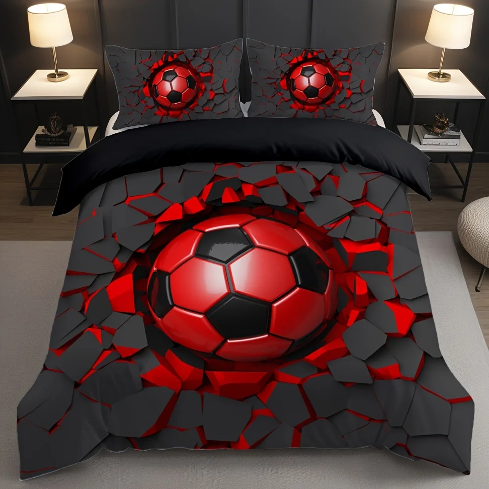 

2/3Pcs Soccer Ball Duvet Cover Set, 3D Shattered Strike Cement Wall Print, University Football Sports League Bedding with Pillow