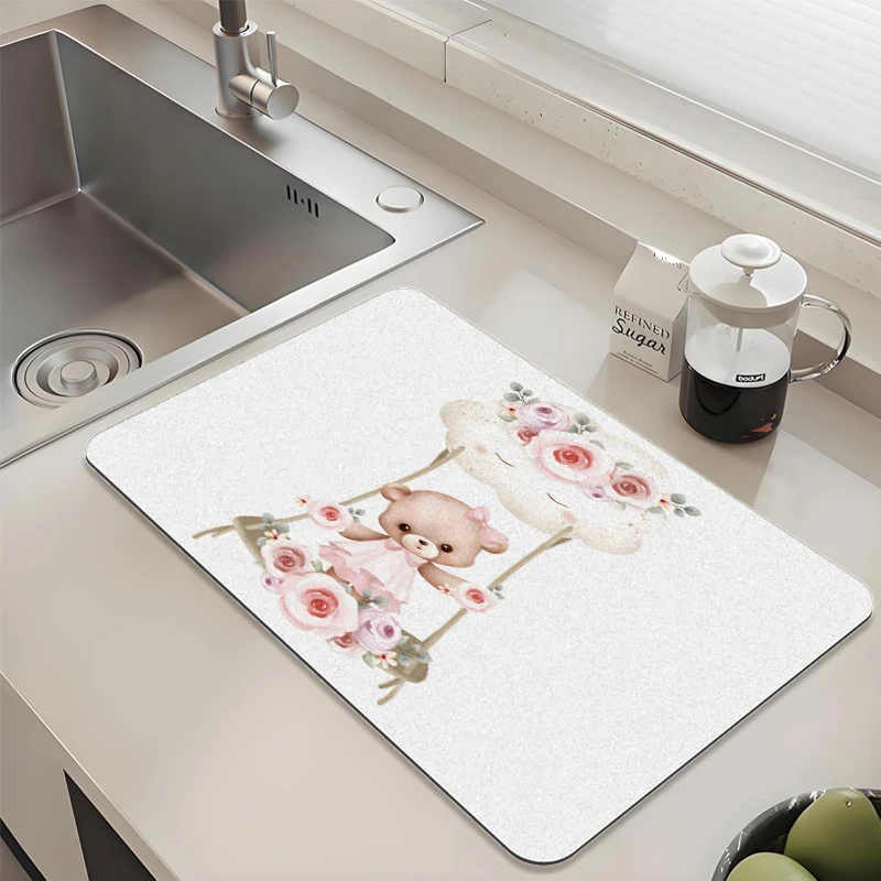 

Pink Bear Swing Kitchen Drying Mat - Absorbent Non-Slip Quick Dry Pad for Sink Countertop