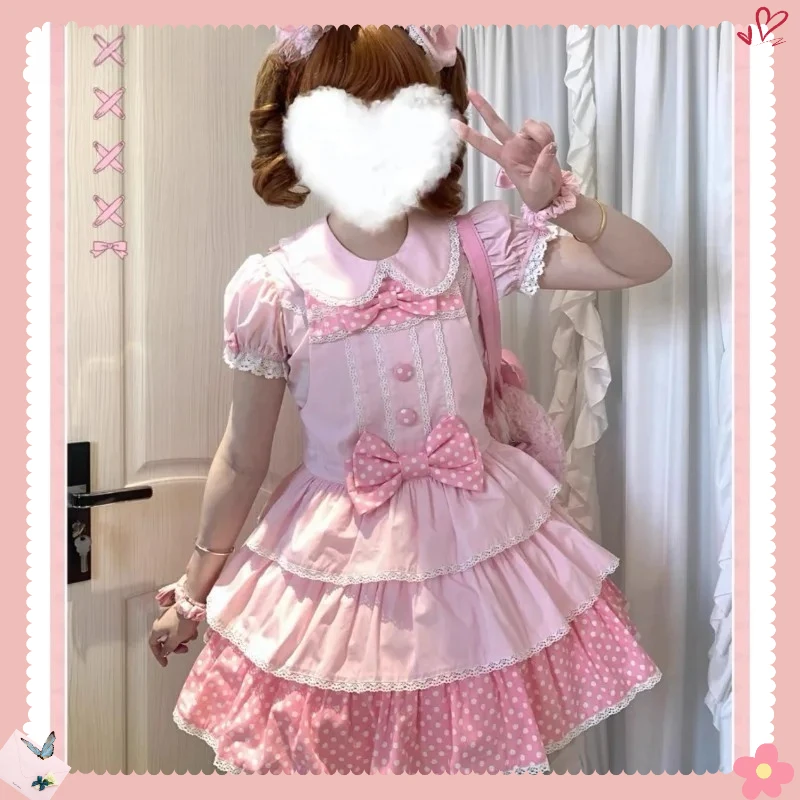 

College Polka Dot Pink Suspender Dress Sweet Cute Girls Doll Collar Short Sleeve Shirt and Bow High Waist Sleeveless Dresses Set