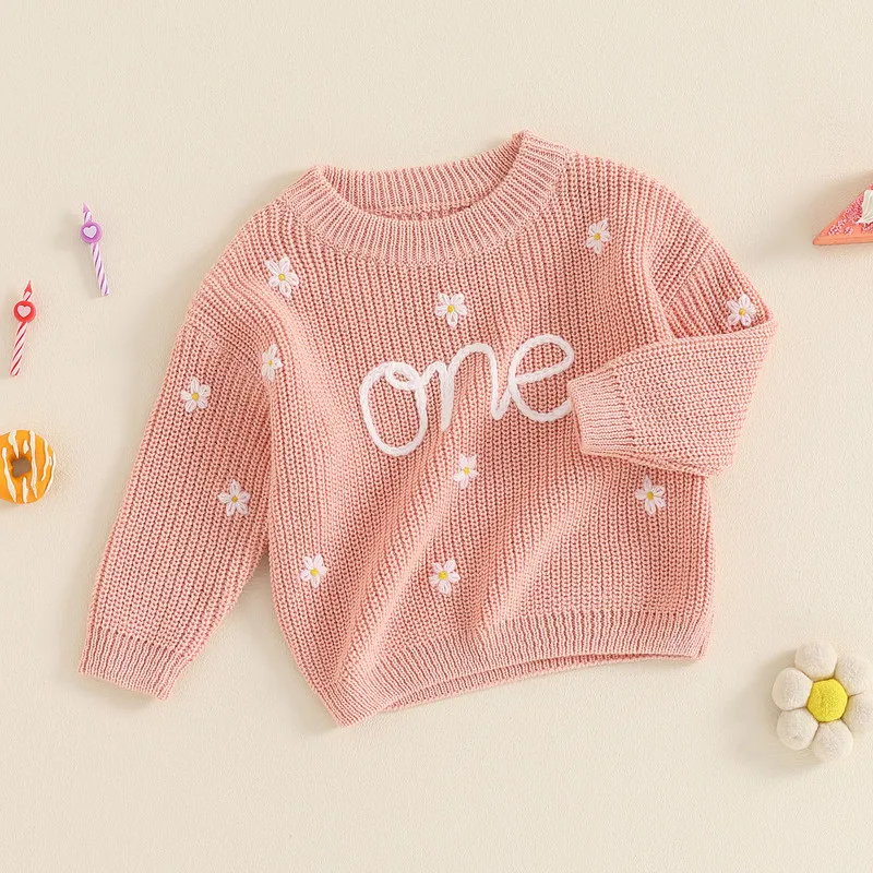 Baby Girl Sweater Fall Winter Clothes Long Sleeve Crew Neck Flower Letters Warm Knit Pullover Sweater Birthday Tops