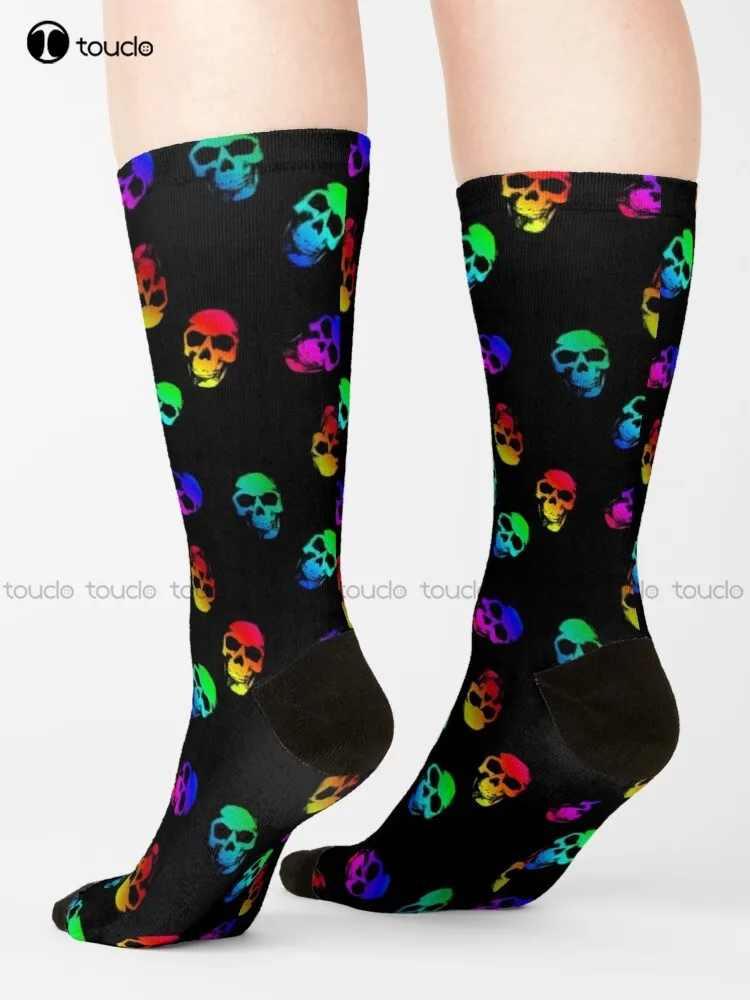 Colorful Rainbow Human-Skulls On Black Pattern Socks Halloween Custom Men Socks Christmas New Year Gift Custom Gift Unisex Adult