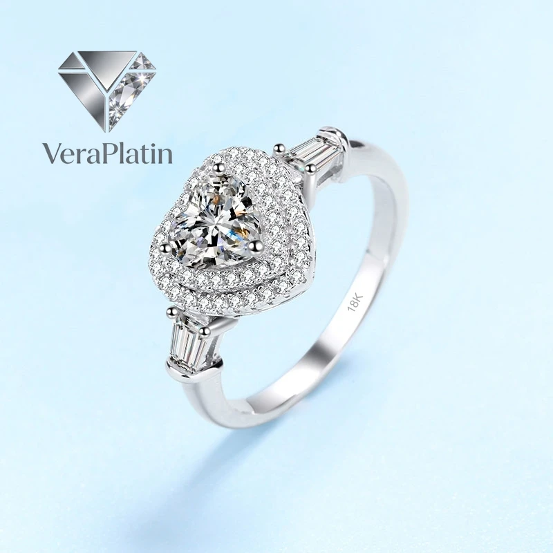 

Обручальное кольцо VeraPlatin для женщин из белого золота 18 карат с муассанитом 1 карат, платина PT950, подарок на День святого Валентина для девушки/жены на день рождения