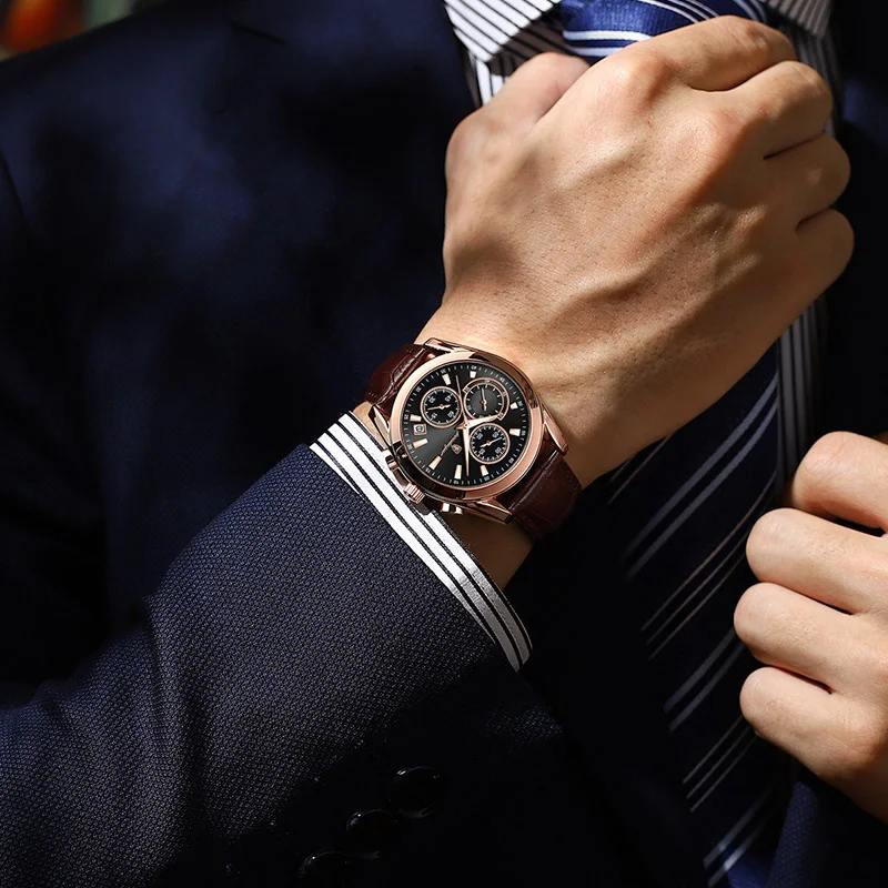 Multifunktion sport Herren uhr Luxus wasserdichte Outdoor Stoppuhr Quarz Armbanduhren für Mann Leder uhr erkek kol saati