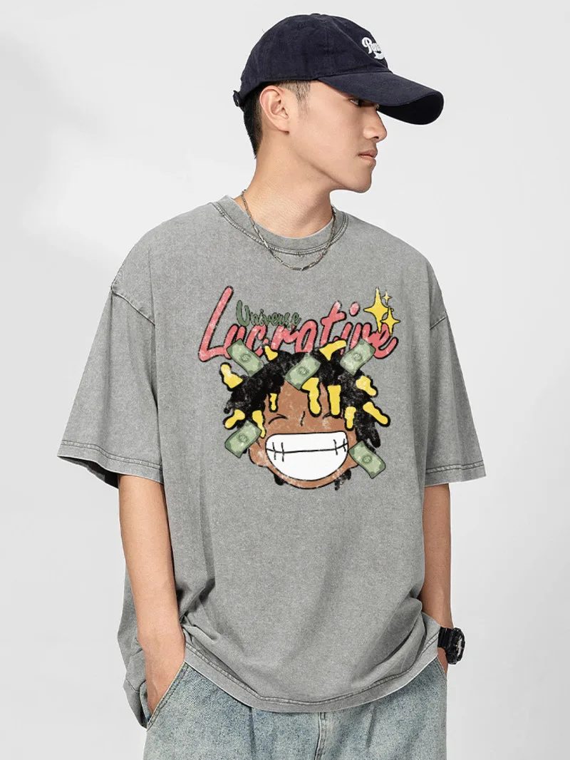 하라주쿠 남성용 오버사이즈 티셔츠, 헤비웨이트 워싱 만화 그래픽 티셔츠, 빈티지 티, 여름 힙합 하이 스트리트 스트리트웨어