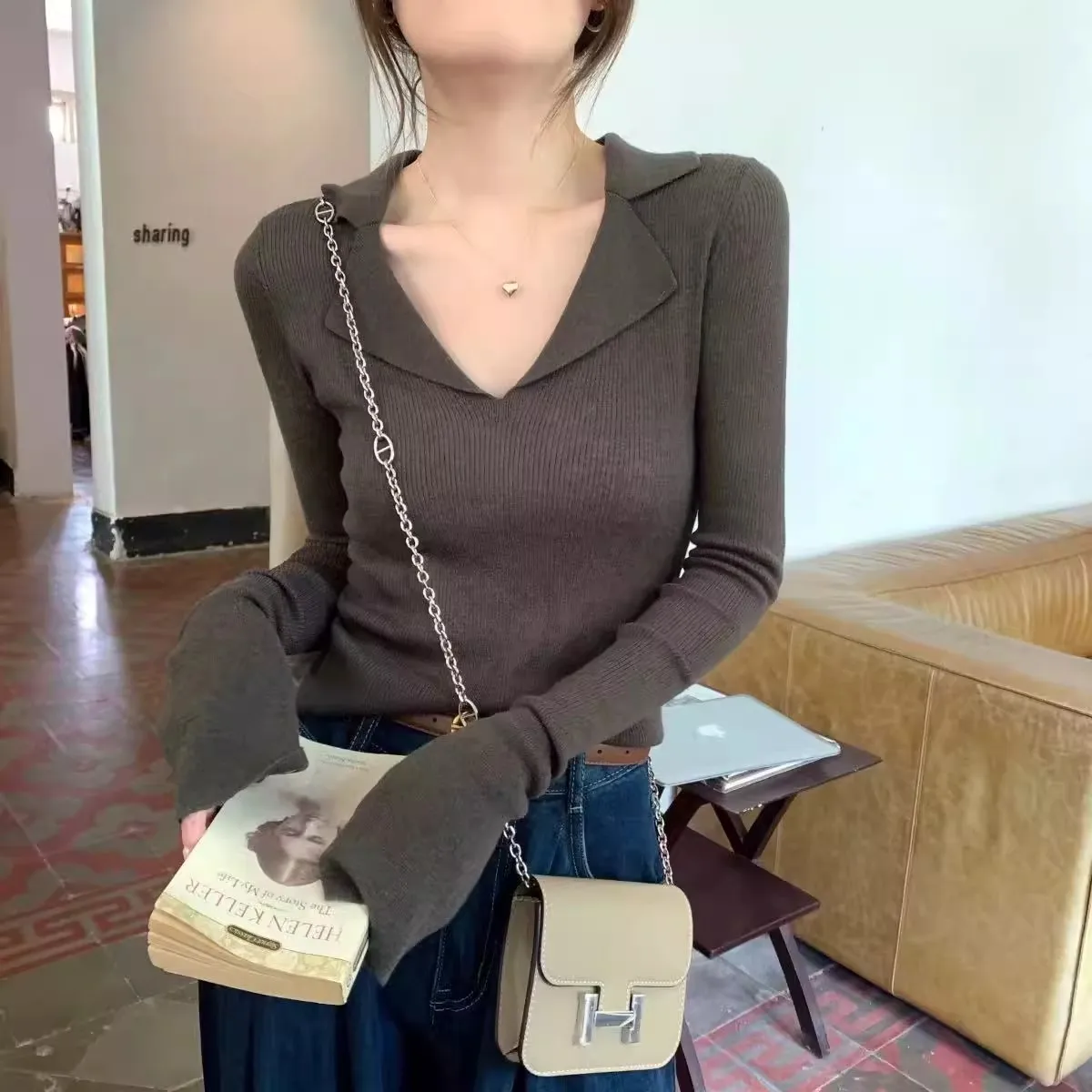 Suéter de punto de Cachemira de manga larga con cuello tipo Polo francés para mujer, nuevo suéter con base de lana de alta gama