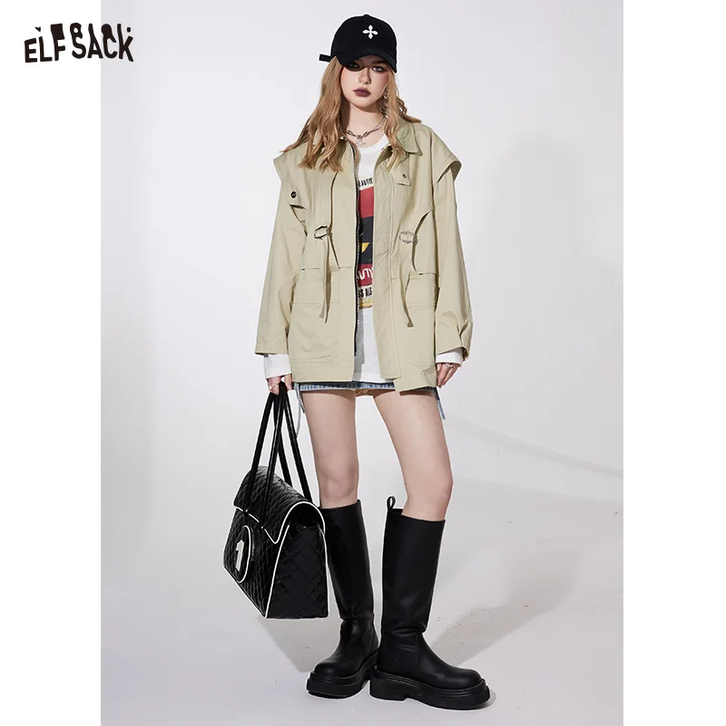 ELFSACK simple academic style casual coat workwear style for women 2024 spring new office style zipper cotton windbreak solid co