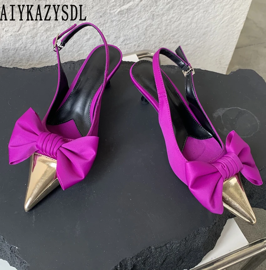 

AIYKAZYSDL 2023 New Hot Pink Bow Knot Butterfly Knot Pumps Low Heel Fashion Slingback Sandals Slingback Spring Shoes Women AM