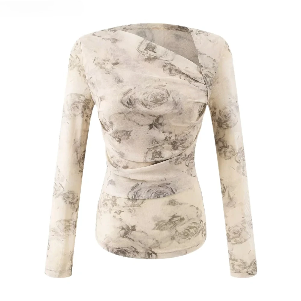 

2025 Sexy Tie-dye Floral Print Skew Collar Full Sleeve Mesh T Shirt Women Pleated Waist Slim T-shirt Asymmetric Tee Tank Tops