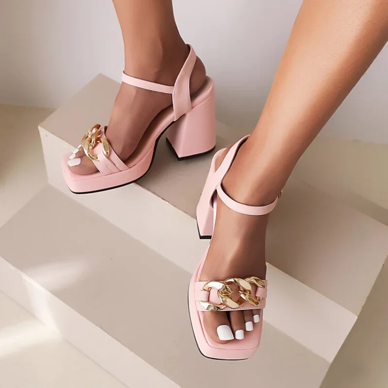 summer fashion Fish beak Exposed toe high-heeled women's sandals Solid Party Metal decoration Square heel women sandals