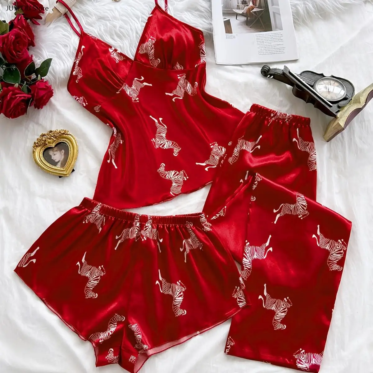 Women Printed Top Pajama Set Sleeveless Soft Loose Loungewear Camisole Long Pants & Shorts Homewear for Daily Household Wear 3