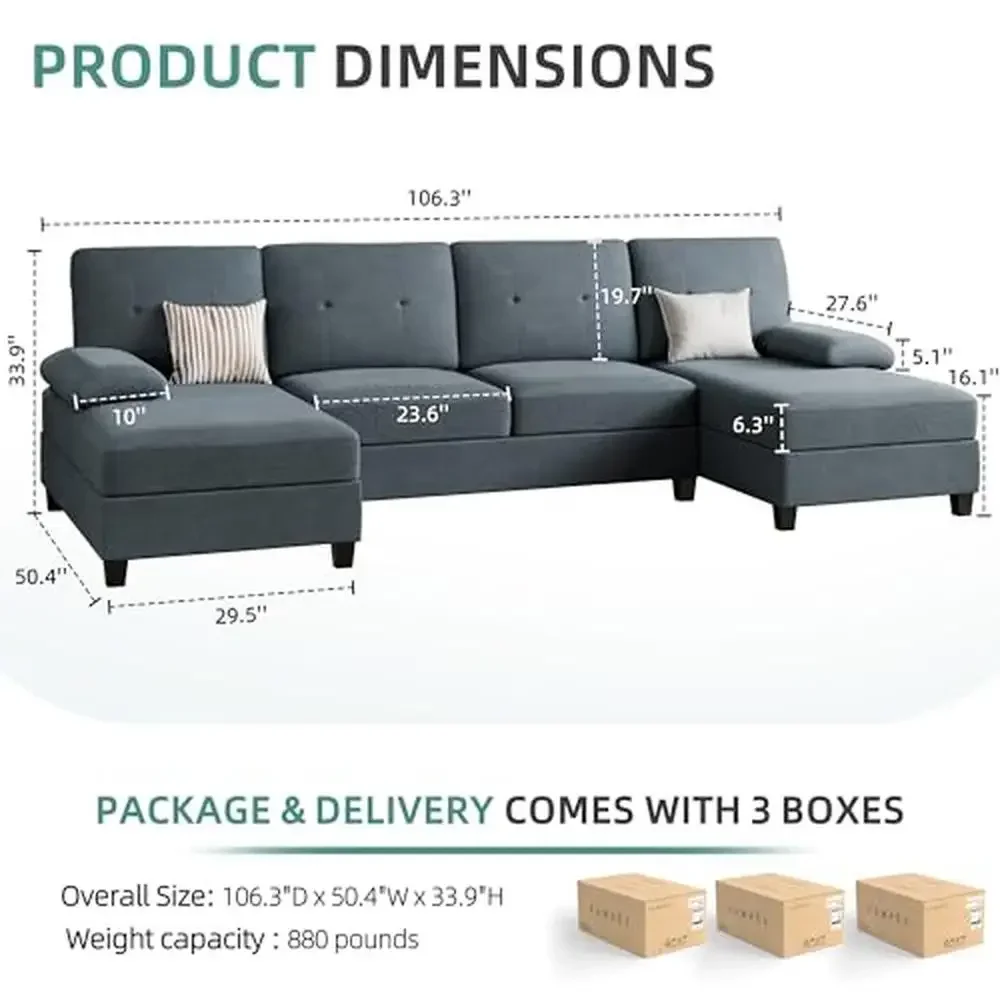 4-Seat U-Shaped Sectional Living Room Sofa Couch Furniture Sets Clearance with Double Chaises Breathable Linen Fabric Sturdy