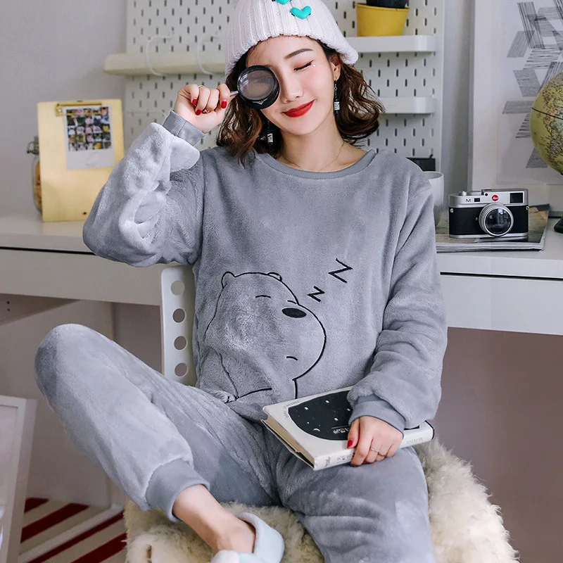 Kalınlaşmış sıcak pijama kış pazen o-boyun kız Loungewear 2 adet Set bayan pijama uzun kollu karikatür ayı Loungewear