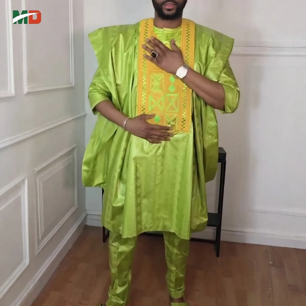 MD African Clothing For Man Traditional Agbada Sets 3PCS Green Bazin Riche Shirt Pant Embroidery Wedding Party Suits Plus Size