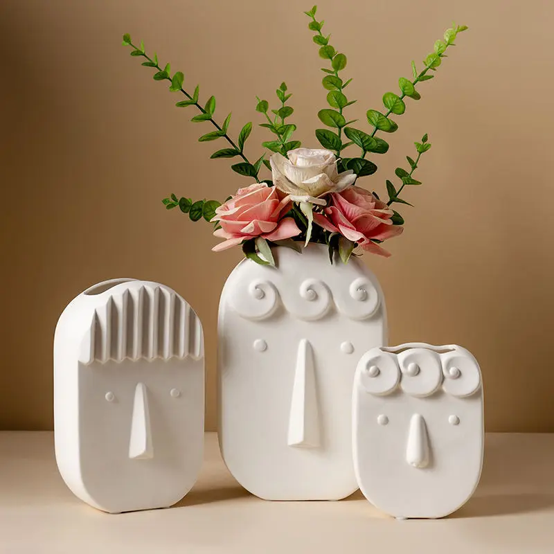 

Nordic White Ceramic Vase for Dried Flowers Cute Face Decor Home Office Living Room Desktop Ornament