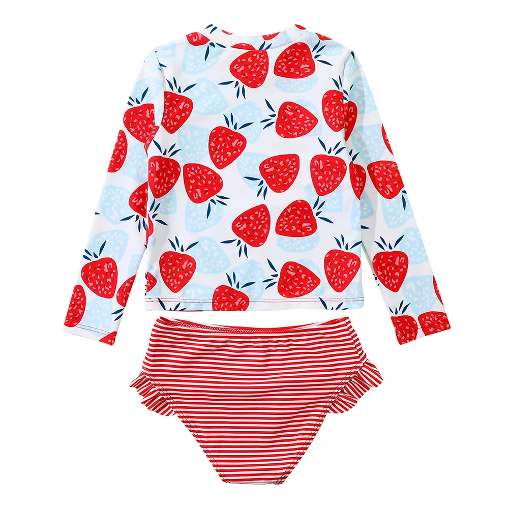 Toddler Girls Rashguard Summer Bearwear Strawberry Print Sun Protection Children Swimwear Ruffled Bikini Bottoms 2-6Y