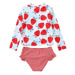 Toddler Girls Rashguard Summer Bearwear Strawberry Print Sun Protection Children Swimwear Ruffled Bikini Bottoms 2-6Y