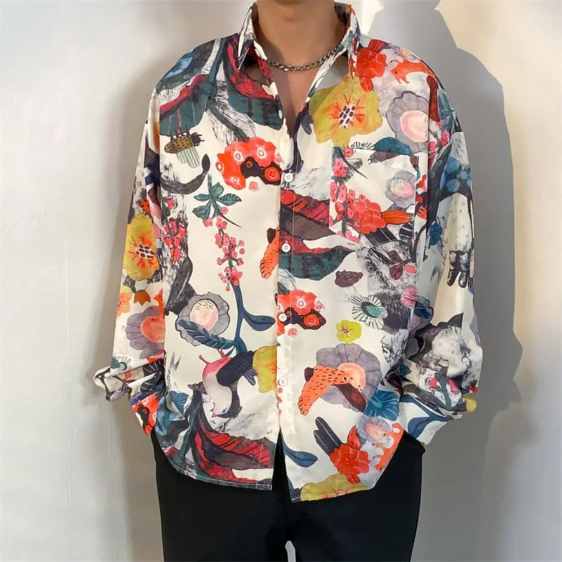 

Hong Kong Sle Vine Oil Painting Flower Loose Long Sve irt Men Women Retro Haome Versatile Couple Outerwear Coat