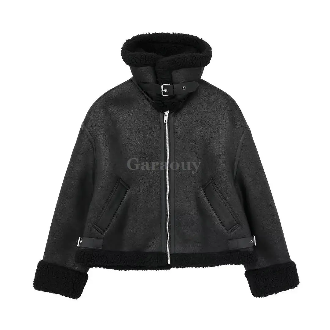 Garaouy 2023 Winter Women Black Faux Leather Fur Lapel Zip Motorcycle Jacket Female Casual Loose Thickened Warm Pu Coat Outwear