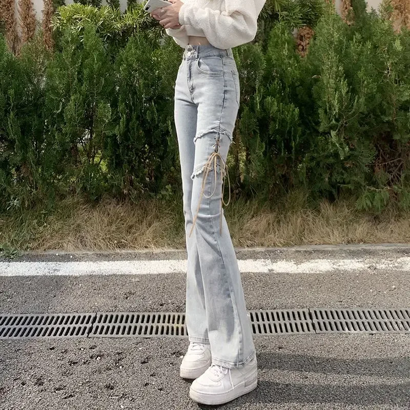 

Womens Bell Bottom Jeans High Waist Shot Flared Trousers South Korea Office Vintage Pant Stretched Denim Flare Pants for Women