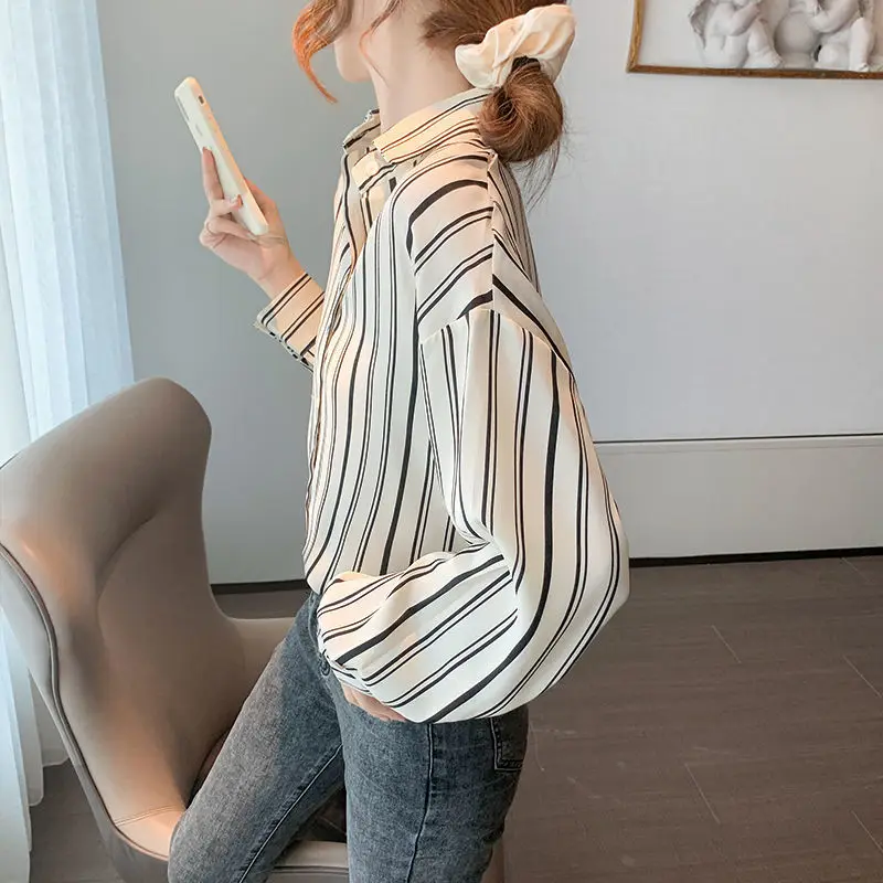 Summer Thin Sunscreen Striped Chiffon Shirt Women's New Korean Loose Turn Down Collar Blouse S-3XL
