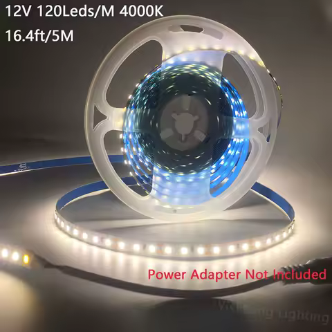 2Pcs/1Pc 5M/16.4Ft Led Tape Light 12V 120 Leds Per Meter 8mm Wide 4000K Natural White Light Smd 2835 Led Strip Self-Adhesive Cuttable Flexible Led Tape Light for Indoor Living Room Ceiling Bedroom Kitchen Cabinet Lighting, Shopping Malls, Hotels, Office Under-Cabinet Lighting, Stage Lighting (Without Power Adapter)