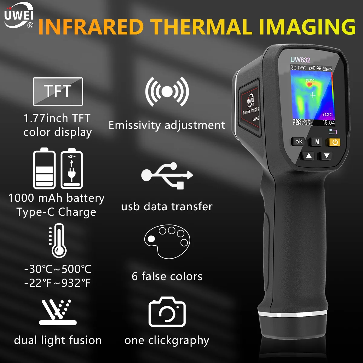 UWEI Infrared Thermal Imager Handheld Thermal Imaging Camera USB Rechargeable 8GB Card Color Display 0.01-1 Emissivity Carry Box