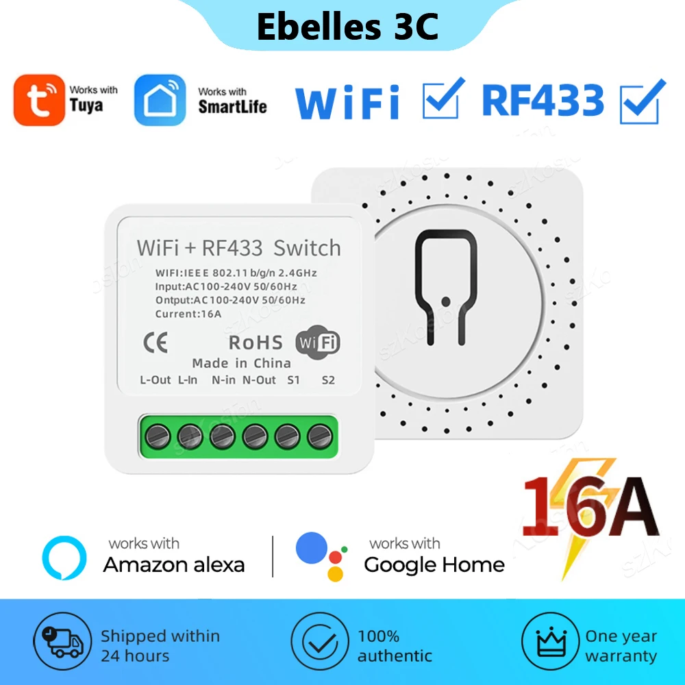 

RF433 Wi-Fi Smart Switch 2in1 Беспроводное управление Tuya 16A Мини-релейный приемник Модуль переключателя света для умного дома Работает с Alexa Google