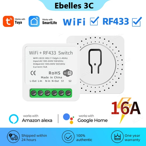 RF433 WiFi interruptor inteligente 2 en 1 Control inalámbrico Tuya 16A Mini receptor de relé módulo de interruptor de luz de hogar inteligente funciona con Alexa Google