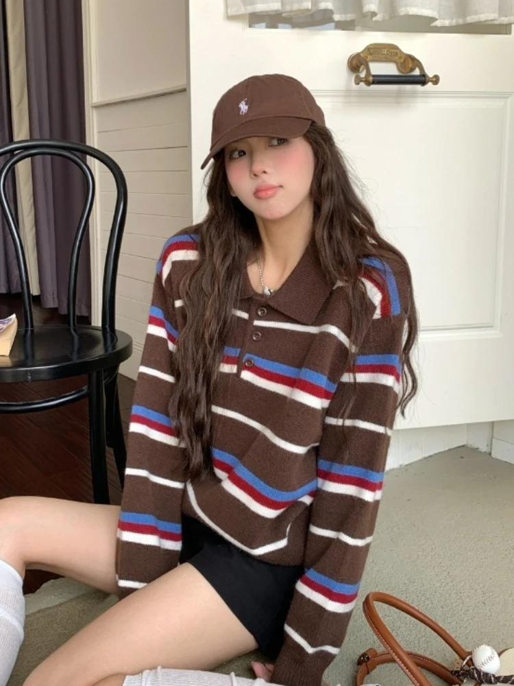 الخريف والشتاء موضة جديدة المرأة أنيقة البلوز سترة مع الراقية تصميم تحسس بولو التلبيب مخطط المتناقضة سترة