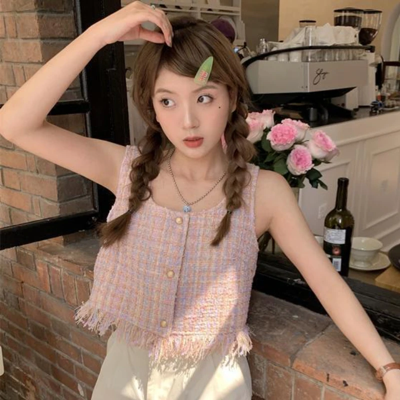 Pink Plaid Vests Women Tassel Sweet Cropped Korean Style Loose Girlish Casual Single Breasted Fashion Harajuku Mujer Summer Chic